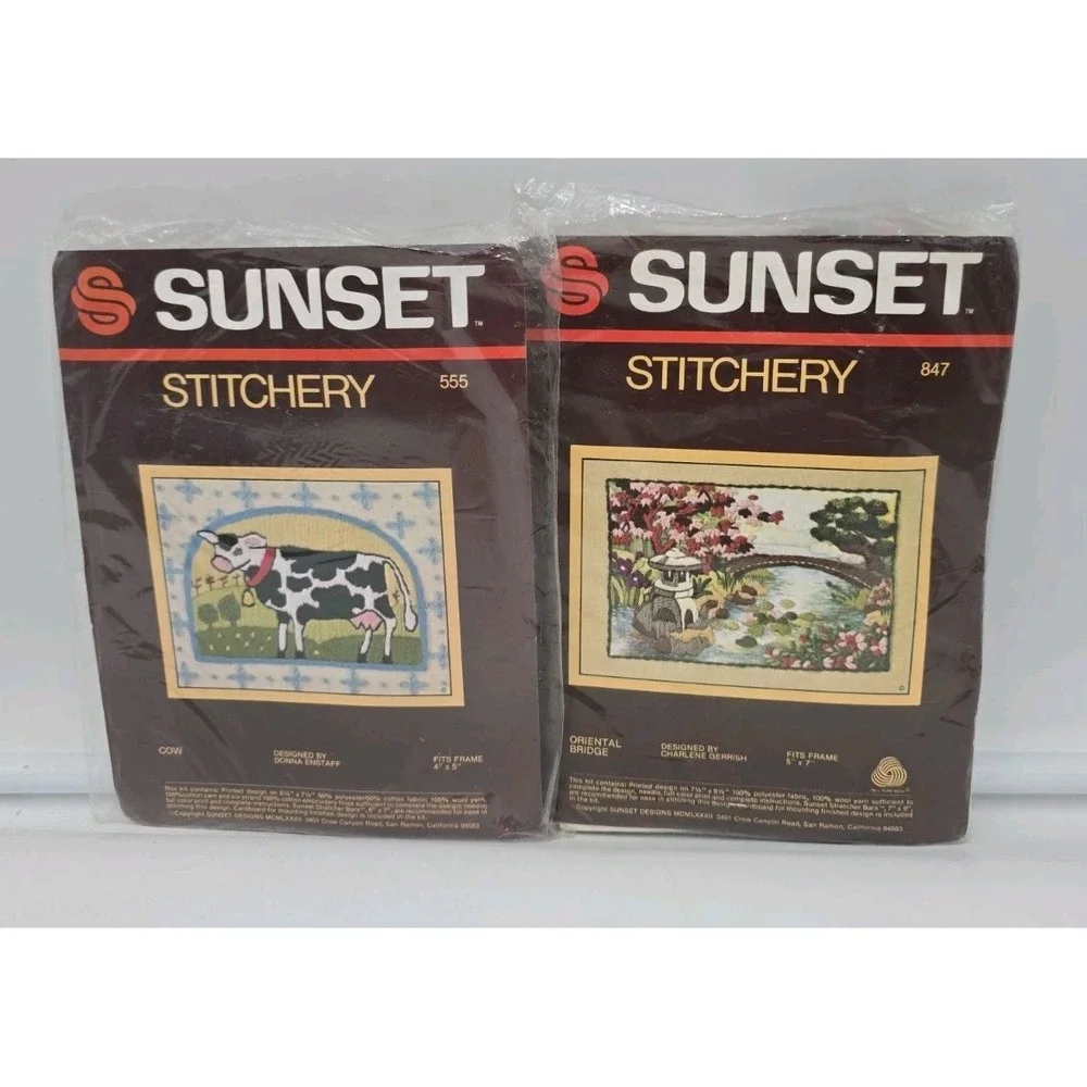 Vintage Sunset Stitchery Needlepoint Kits Lot of 2 Cow Oriental Bridge Sealed